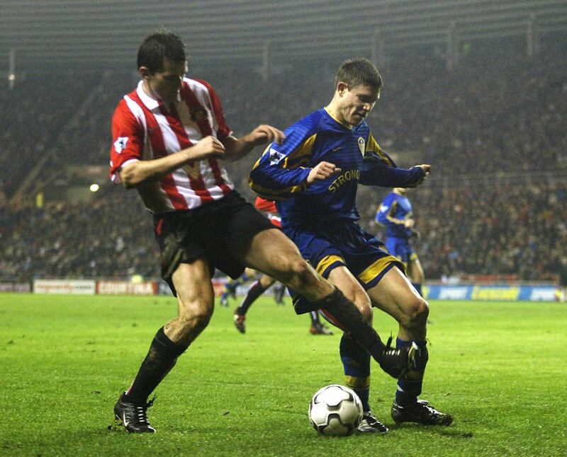 SUNDERLAND - DECEMBER 26:   James Milner of Leeds is tackled by Kevin Kilbane of Sunderland during the FA Barclaycard Premiership match between Sunderland and Leeds United at the Stadium of Light on December 26, 2002 in Sunderland, England. (Photo by Gary M. Prior/Getty Images) 