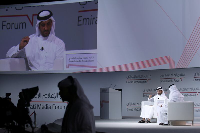 Dubai, UAE - November 6, 2017 - Sheikh Sultan Bin Ahmed Al Qasimi, Chairman of Sharjah Media Council speaks about integrated media at the Emirates Media Forum in Dubai  - Navin Khianey for The National