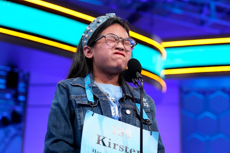 Kirsten Tiffany Santos, 11, from Richmond, Texas, during the finals of the Scripps National Spelling Bee in Oxon Hill, Maryland. AP Photo