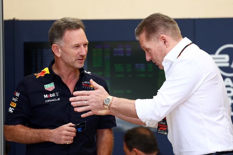 Jos Verstappen, right, with Red Bull Racing team principal Christian Horner during the Bahrain Grand Prix weekend. Getty Images