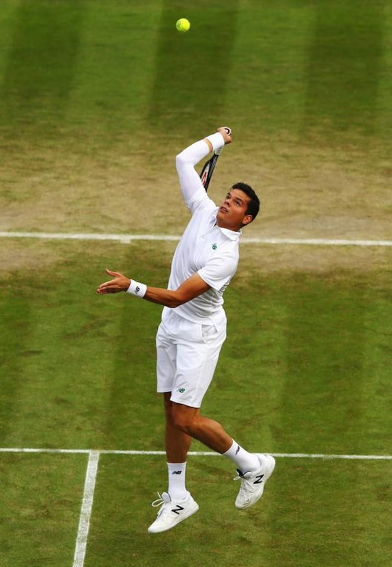 Milos Raonic of Canada in action during his singles match against Nick Kyrgios of Australia on Wednesday at the 2014 Wimbledon quarter-finals. Raonic won in four sets. Al Bello / Getty Images
