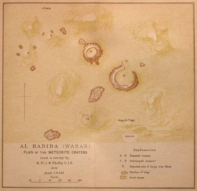 The map of the Wabar craters, known as Al Hadida or “the place of iron” to local Bedouin. Philby was the first European to visit the site during his expedition across the Empty Quarter in 1932