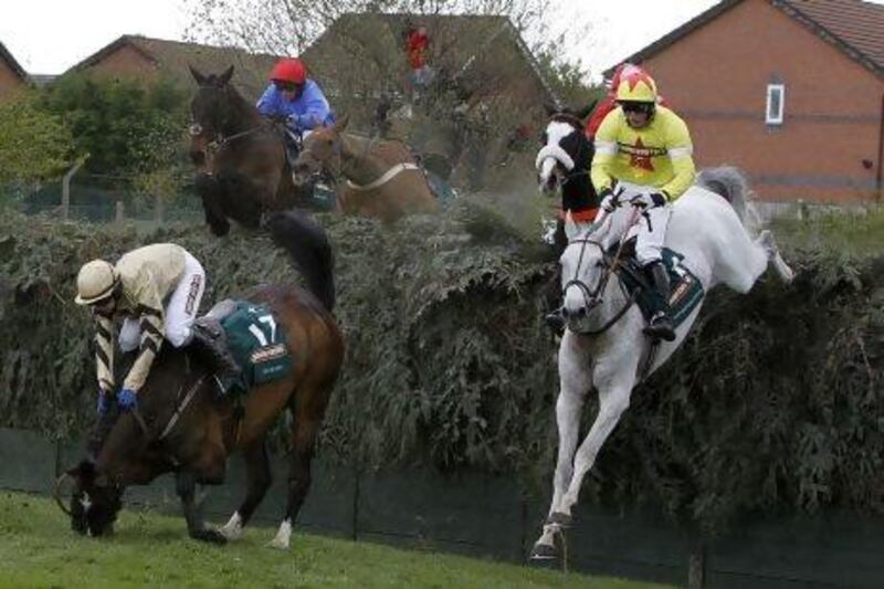 Neptune Collonges, ridden by Daryl Jacob, right, avoided the falling According To Pete to win last year's main event at The Grand National.