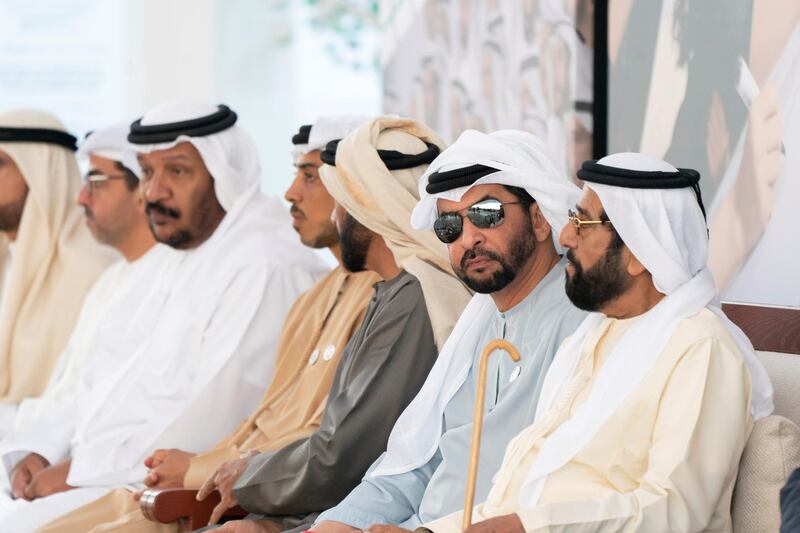 ABU DHABI, UNITED ARAB EMIRATES - March 11, 2019: HH Sheikh Tahnoon bin Mohamed Al Nahyan, Ruler's Representative in Al Ain Region (R), HH Sheikh Hamdan bin Zayed Al Nahyan, Ruler’s Representative in Al Dhafra Region (2nd R), HH Sheikh Mansour bin Zayed Al Nahyan, UAE Deputy Prime Minister and Minister of Presidential Affairs (4th R) and HH Sheikh Saeed bin Mohamed Al Nahyan (5th R), attend a Sea Palace barza.
( Rashed Al Mansoori / Ministry of Presidential Affairs )
---