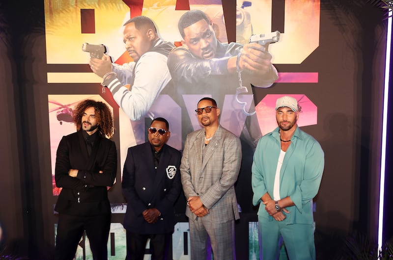 The film's directors, Adil El Arbi and Bilall Fallah, with its stars, Will Smith and Martin Lawrence, at the premiere