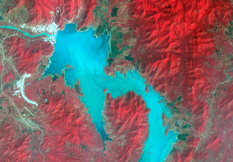 A broad spectral image shows the Blue Nile filling the Grand Ethiopian Renaissance Dam reservoir near the Ethiopia-Sudan border in 2020. Unesco predicts that in less than two years more than 1.8 billion people will be living in countries or regions with absolute water scarcity. Reuters