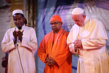 Pope Francis joins in prayers led by a Rohingya Muslim man at an inter-religious conference at St Mary’s Cathedral in Dhaka, Bangladesh, on December 1, 2017. Mohammad Ponir Hossain / Reuters