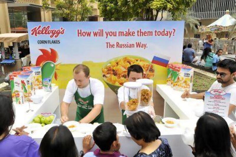 Kellogg's Corn Flakes served "The Russian Way" at a booth set up as part of the world record-breaking attempt at the Dubai Marina Mall Promenade. Charles Crowell for The National