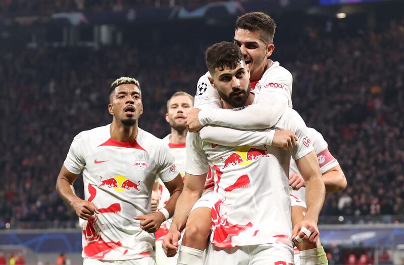 Josko Gvardiol celebrates with teammates after scoring in the 1-1 Champions League round of 16 first leg draw against Manchester City at Red Bull Arena in Germany on February 22, 2023. Getty
