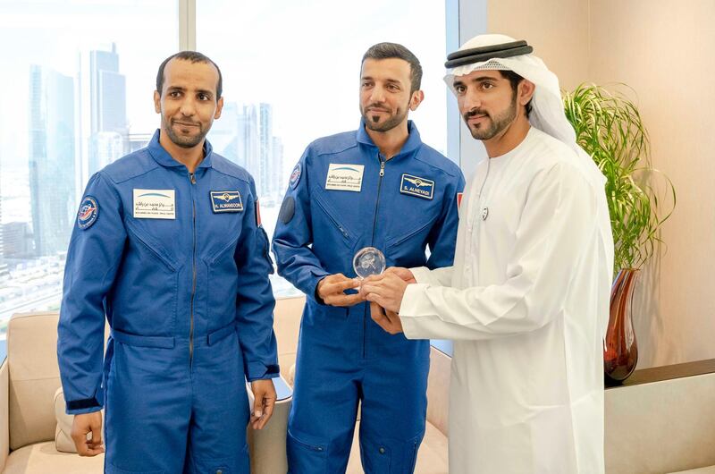 DUBAI, 21st February, 2019 (WAM) -- H.H. Sheikh Hamdan bin Mohammed bin Rashid Al Maktoum, Crown Prince of Dubai and Chairman of the Mohammed bin Rashid Space Centre, received today at his office in Emirates Towers in Dubai, the two Emiratis astronauts Hazza Al Mansoori and Sultan Al Neyadi. Wam