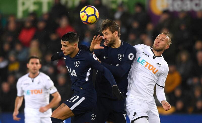 SWANSEA, WALES - JANUARY 02: Fernando Llorente of Tottenham Hotspur wins a header during the Premier League match between Swansea City and Tottenham Hotspur at Liberty Stadium on January 2, 2018 in Swansea, Wales.  (Photo by Stu Forster/Getty Images)