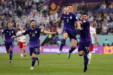 DOHA, QATAR - NOVEMBER 30: Julian Alvarez of Argentina celebrates after scoring their team's second goal during the FIFA World Cup Qatar 2022 Group C match between Poland and Argentina at Stadium 974 on November 30, 2022 in Doha, Qatar. (Photo by Clive Brunskill / Getty Images)