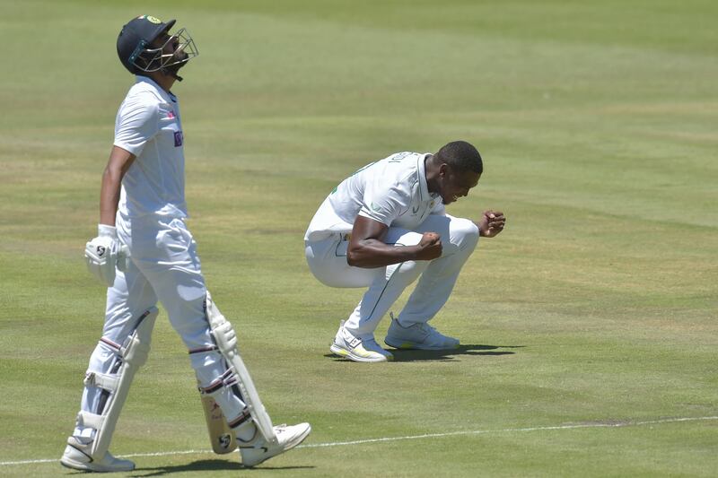 South Africa bowler Lungi Ngidi celebrates after the dismissal of India's KL Rahul for 23. AFP
