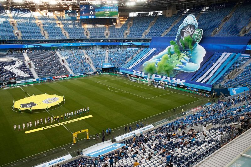 Zenit's fans displayed a giant Covid-19 tifo at the Gazprom arena on Friday. It was the first match played at the venue after the lockdown. AP