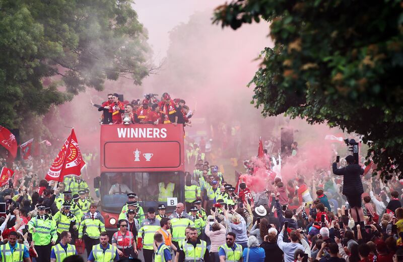 Liverpool players during the trophy parade on Sunday. Getty