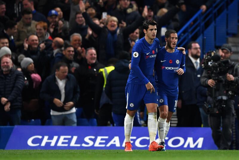 LONDON, ENGLAND - NOVEMBER 05: Alvaro Morata of Chelsea celebrates scoring his sides first goal with Eden Hazard of Chelsea during the Premier League match between Chelsea and Manchester United at Stamford Bridge on November 5, 2017 in London, England.  (Photo by Shaun Botterill/Getty Images)