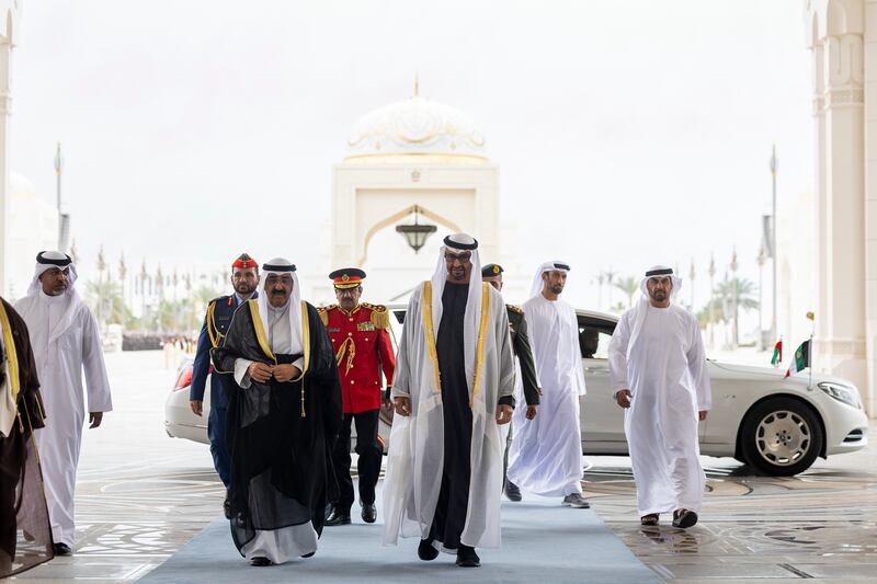 Sheikh Mohamed and Sheikh Meshal discussed relations between their countries, particularly in the economic, trade, investment and developmental sectors. Ryan Carter / UAE Presidential Court