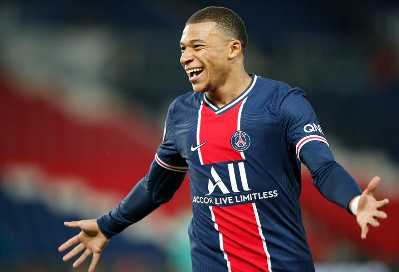 PSG's Kylian Mbappe celebrates after scoring his side's sixth goal against Angers at the Parc des Princes. AP