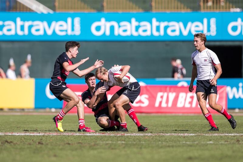 DUBAI, UNITED ARAB EMIRATES - DECEMBER 1, 2018. 

DUBAI COLLEGE A, wins against DUBAI COLLEGE B, in GULF UNDER 19 category on the final day of this year's Dubai Rugby Sevens.

(Photo by Reem Mohammed/The National)

Reporter: 
Section:  NA  SP