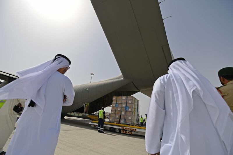 Tonnes of medical equipment and coronavirus testing kits provided bt the World Health Organisation are pictured at the al-Maktum International airport in Dubai as it is prepared to be delivered to Iran with a United Arab Emirates military transport plane.  AFP