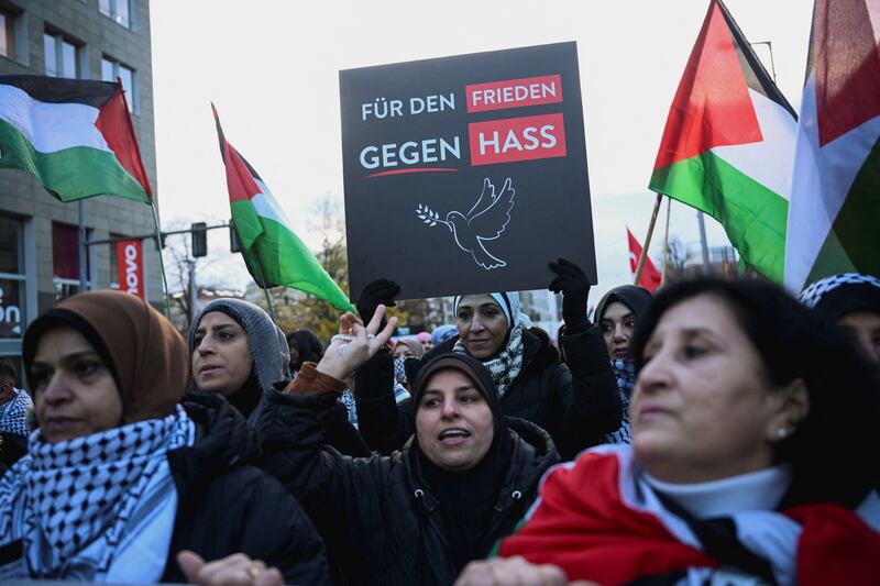 At a Berlin rally this month, a sign reads: 'For freedom against hate'. Reuters