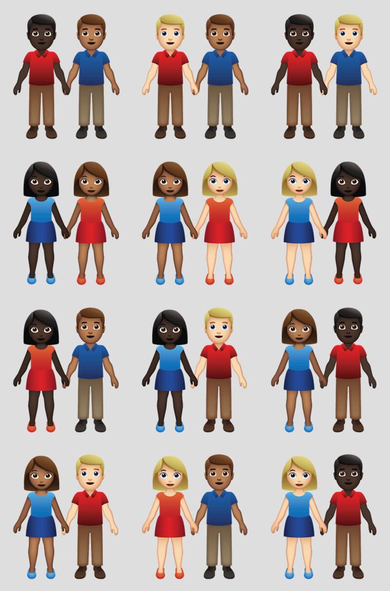 This undated illustration provided by Tinder/Emojination shows new variations of interracial emoji couples. In the world of emojis, interracial couples had virtually no options in terms of skin tone. But the emoji gods, otherwise known as the Unicode Consortium, recently rectified that, approving 71 new variations. Using six skin tones already available for one-person emojis, vendors such as Apple, Google and Microsoft will now be able to offer couples of color. Additions are expected later this year. (Tinder/Emojination via AP)