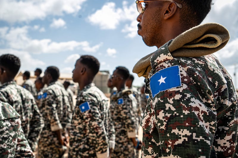 Somali soldiers stand at attention in Mogadishu. European instructors are conducting training sessions on a range of topics, including urban combat, the detection and disposal of explosive devices, and protective engineering techniques. AFP