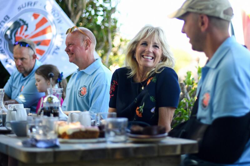 First lady Jill Biden chats with veterans on the veterans on the sidelines of the G7 summit, in Newlyn, Cornwall. Reuters