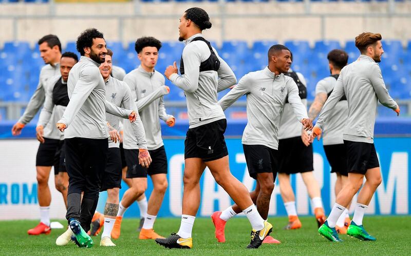 Liverpool players, including Mohamed Salah, left, attend a team training session at the Olympic Stadium, in Rome, May 1, 2018. Liverpool will face AS Roma in the second leg of the Champions League semifinals on Wednesday. (Ettore Ferrari/ANSA via AP)