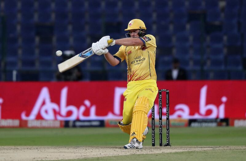 ABU DHABI , UNITED ARAB EMIRATES , Nov 20 – 2019 :- Luke Wright of Team Abu Dhabi playing a shot during the Abu Dhabi T10 Cricket match between Team Abu Dhabi vs Deccan Gladiators at Sheikh Zayed Cricket Stadium in Abu Dhabi. ( Pawan Singh / The National )  For Sports. Story by Paul