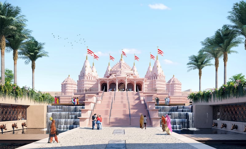 A rendering of the outer structure of the Hindu temple in Abu Dhabi shows the seven spires to represent the Emirates. The land was granted by Sheikh Mohamed for the first traditional stone Hindu temple in the country. 