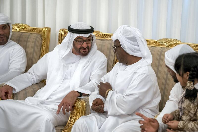 FUJAIRAH, UNITED ARAB EMIRATES - February 21, 2018: HH Sheikh Mohamed bin Zayed Al Nahyan, Crown Prince of Abu Dhabi and Deputy Supreme Commander of the UAE Armed Forces (C) offers condolences to the family of the martyr Ali Khalifa Hashel Al Mesmari, who passed away while serving the UAE Armed Forces in Yemen.
( Mohamed Al Hammadi / Crown Prince Court - Abu Dhabi )
---