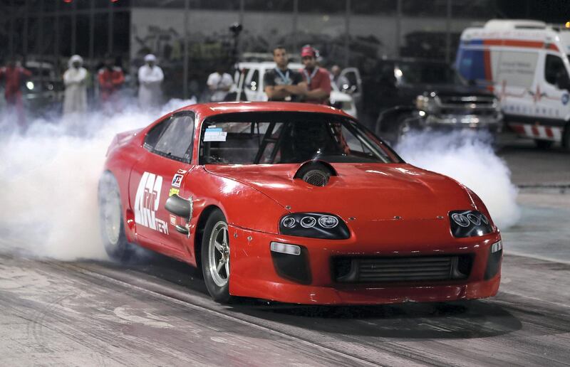 ABU DHABI , UNITED ARAB EMIRATES , APRIL 19 - 2018 :- One of the participant taking part in the drag racing at the Yas Super Street Challenge event held at Yas Marina Circuit in Abu Dhabi. ( Pawan Singh / The National ) For Weekend. Story by Adam Workman