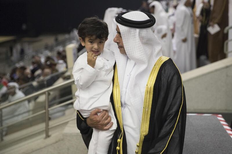 Lt Gen Sheikh Saif bin Zayed, Deputy Prime Minister and Minister of Interior and his son Sheikh Ahmed bin Saif attend National Day celebrations at Adnec. Mohamed Al Hammadi / Crown Prince Court — Abu Dhabi