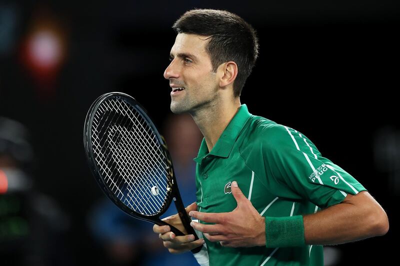 MELBOURNE, AUSTRALIA - JANUARY 20: Novak Djokovic of Serbia celebrates winning match point during his Men's Singles first round match against  Jan-Lennard Struff of Germany on day one of the 2020 Australian Open at Melbourne Park on January 20, 2020 in Melbourne, Australia. (Photo by Mark Kolbe/Getty Images)
