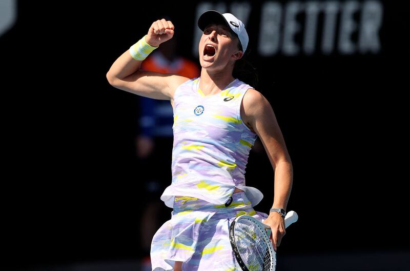 Iga Swiatek celebrates her victory over Kaia Kanepi in the Australian Open quarter-finals. AFP