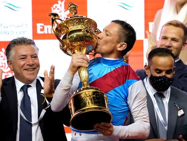 Frankie Dettori won his fourth Dubai World Cup race aboard Country Grammer at the 2022 Dubai World Cup. The two reunite on Saturday to defend their title. AP Photo