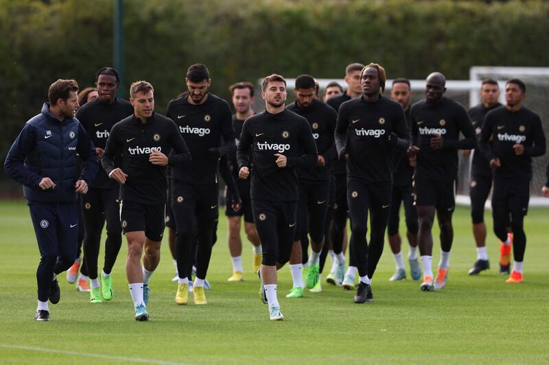 Chelsea midfielder Mason Mount, centre, training ahead of the game against AC Milan.