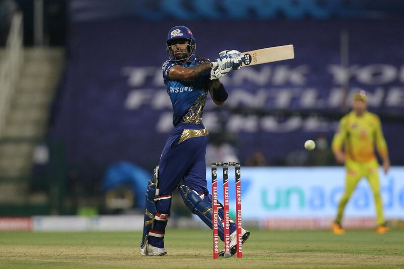 Surya Kumar Yadav of The Mumbai Indians  during match 1 of season 13 of the Dream 11 Indian Premier League (IPL) between the Mumbai Indians and the Chennai Superkings held at the Sheikh Zayed Stadium, Abu Dhabi  in the United Arab Emirates on the 19th September 2020.  Photo by: Pankaj Nangia /  Sportzpics for BCCI