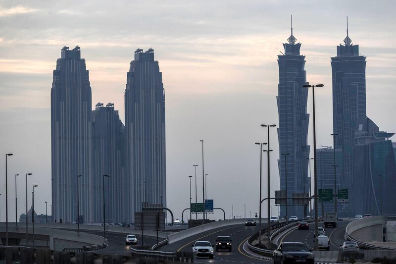 Hazy and cloudy weather over the Dubai skyline on April 29 th, 2021. 
Antonie Robertson / The National.
Reporter: None for National.