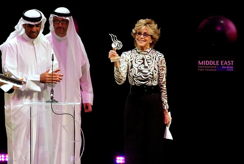 Jane Fonda receives a lifetime achievement award at Abu Dhabi's Middle East International Film Festival in 2008. AFP