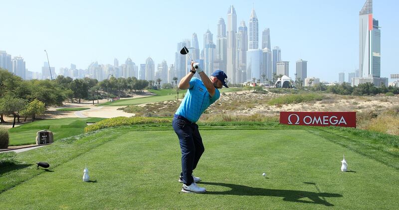 Andy Sullivan of England tees off on the 8th hole during Day Two of the Omega Dubai Desert Classic. Getty