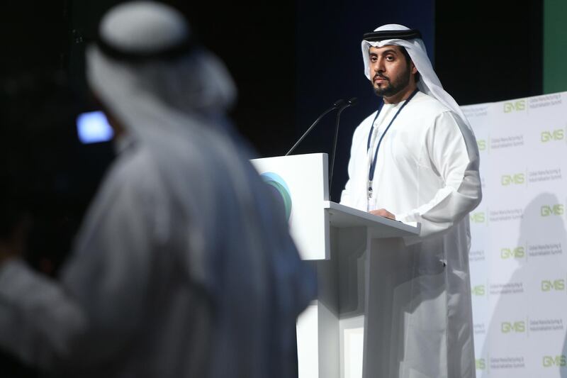 ABU DHABI, UNITED ARAB EMIRATES - - -  28 March 2017 ---  Khalifa bin Salem al Mansouri, a representative with the Department of Economic Development, gave the welcome address during the first day of sessions at the inaugural edition of the Global Manufacturing and Industrialisation Summit (GMIS) at Paris-Sorbonne University in Abu Dhabi on Tuesday, March 28, 2017.  (  DELORES JOHNSON / The National  )  
ID:  45579
Reporter:  Tony McAuley
Section: BZ *** Local Caption ***  DJ-280317-BZ-GMIS-day1-45579-002.jpg