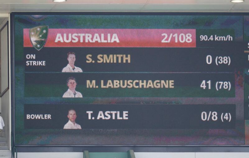The scoreboard shows Steve Smith having scored no runs off 38 balls. Getty
