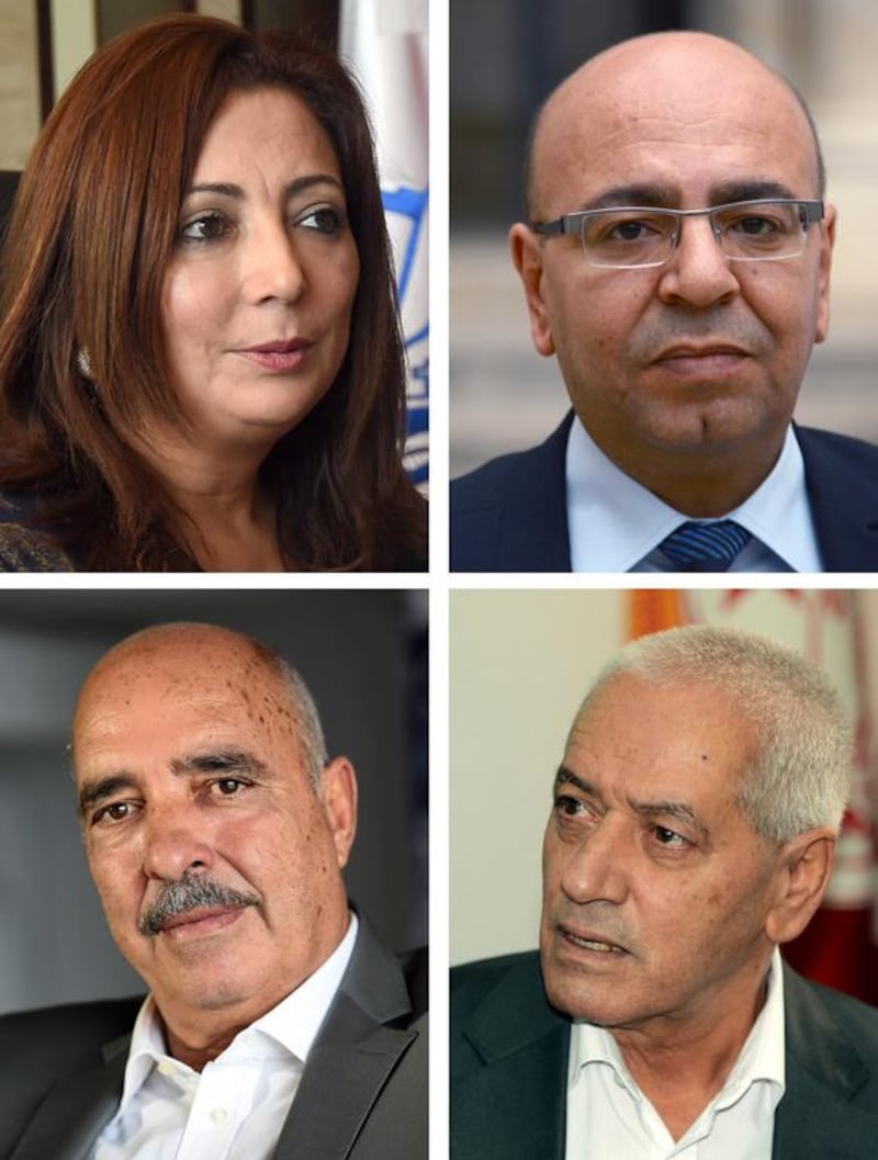 Tunisia’s National Dialogue Quartet was recognised with the Nobel Peace Prize last week. They are, clockwise from top left, Wided Bouchamaoui, president of the Tunisian Union of Industry, Trade and Handicrafts; lawyer Fadhel Mahfoudh; Houcine Abbassi, secretary general of the Tunisian General Labour Union; and Abdessattar Ben Moussa, president of the Tunisian League for Human Rights.  Fethi Belaid / AFP
