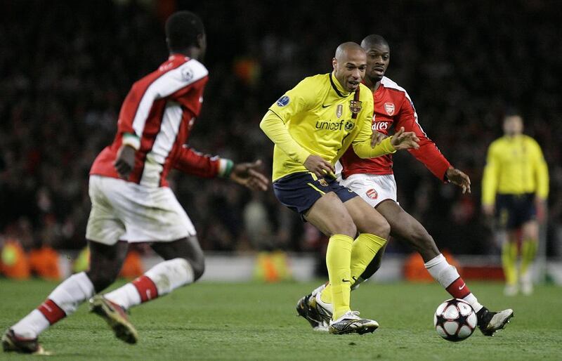 In this May 31, 2010 photo, Thierry Henry appears with Barcelona in the Champions League quarter-final first leg match against Arsenal at the Emirates Stadium. Barcelona would win the tie to advance to the semi-finals. Josep Lago / AFP
