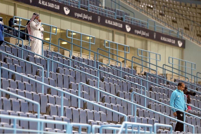 Empty stands during the Saudi Professional League soccer match between Al Hilal and Al Ettifaq at King Saud University Stadium, Riyadh, Saudi Arabia. Saudi Arabia has suspended public attendance of sports competitions over the coronavirus.  EPA