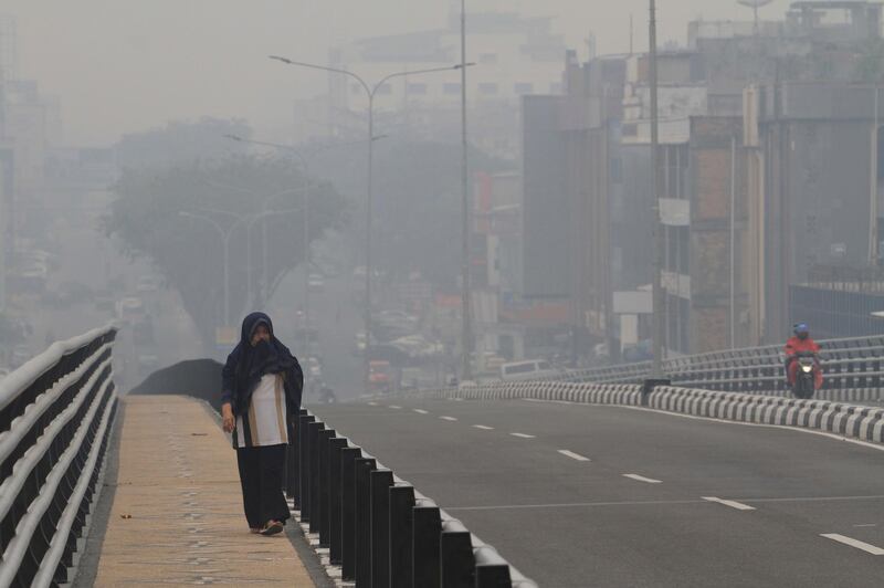 A woman covers her face as haze from wildfires blankets Pekanbaru in Indonesia's Riau province on Sumatra island. Authorities closed an airport on the island  on September 13, 2019 due to poor visibility caused by smoke from the fires. AP Photo