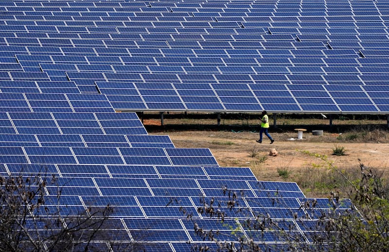 An Adani Group solar project in India's southern state of Telangana. Several companies in India are working on green hydrogen plans. AP