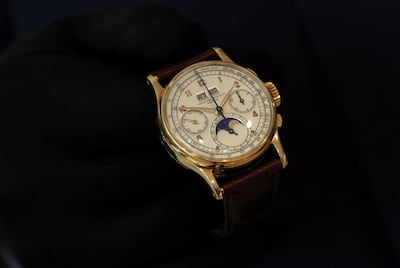The Patek Philippe 18k gold perpetual chronograph wrist watch with moon phases belonging to the King Farouk is on display at the Christie's auction in Dubai, United Arab Emirates, March 19, 2018. REUTERS/Satish Kumar